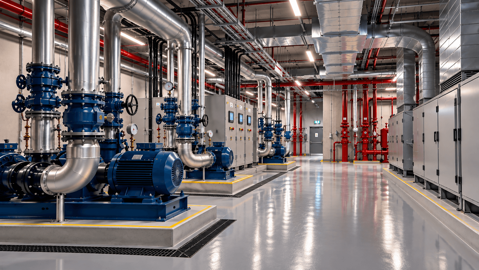 Integrated MEP systems including pumps, piping and mechanical plant equipment