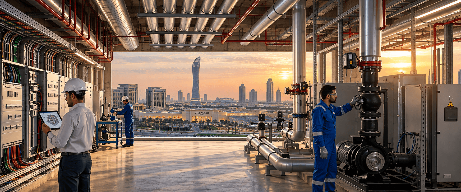 مهندسو OMS في غرفة محطة صناعية مع معدات ضخ وبرج أسباير في الخلفية