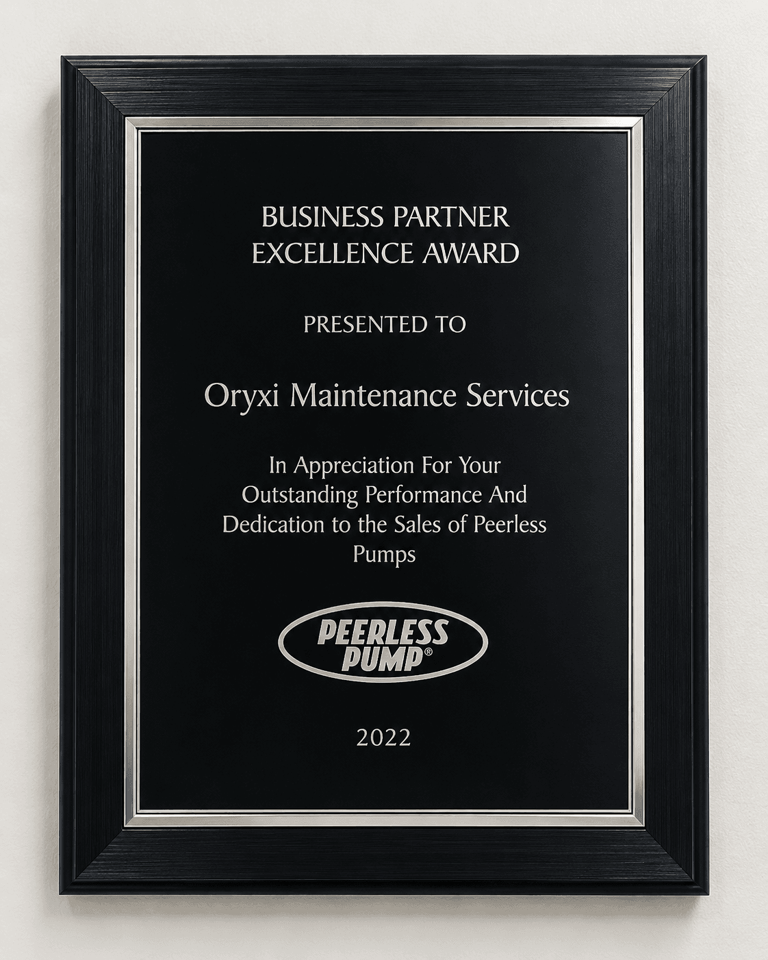 جائزة تميز شريك الأعمال من Peerless Pump المقدمة إلى Oryxi Maintenance Services عام 2022